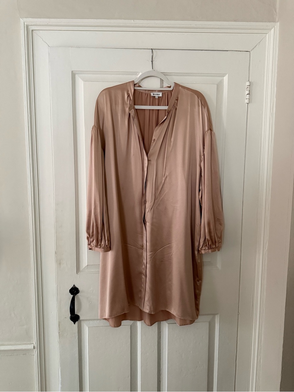 Long-Sleeve Satin Tunic Dress in Blush